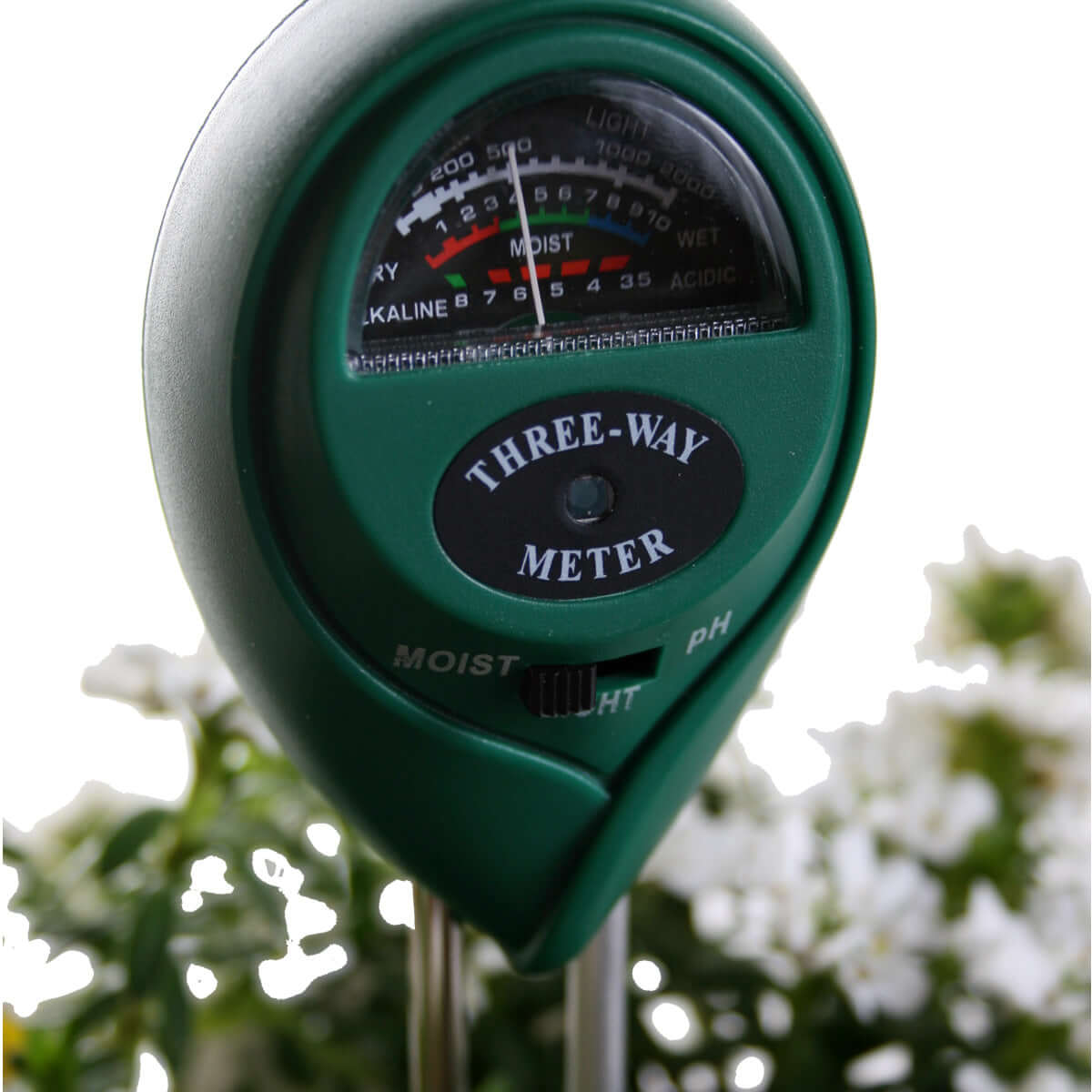 Active Air 3-Way Meter displaying moisture, light, and pH readings for garden testing.