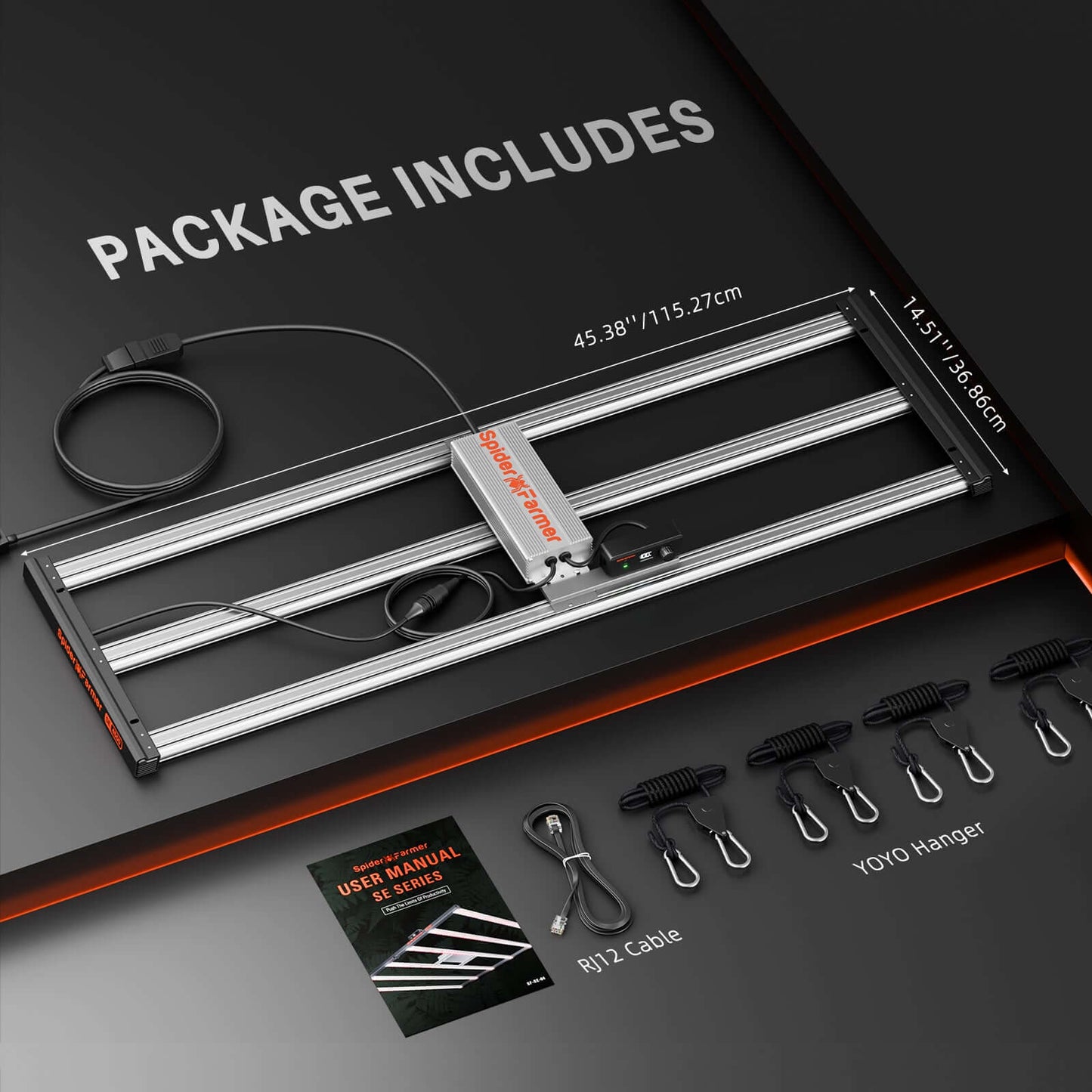 Spider Farmer SE4500 LED grow light package including user manual, cables, and YOYO hangers on a black background.