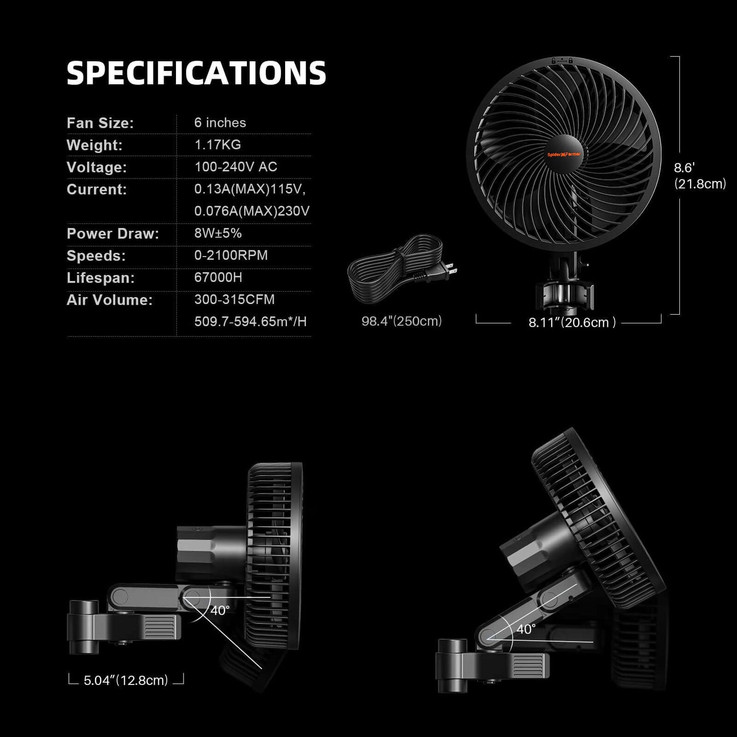 Specifications of a 6-inch clip fan including weight, voltage, power draw, and airflow details.