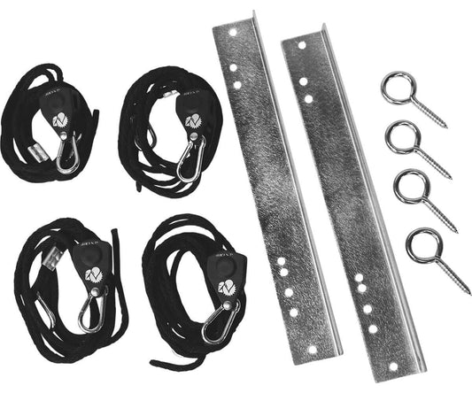 Quest 70 Hang Kit components including eyebolts, cables with carabiners, and sturdy brackets for dehumidifier installation.