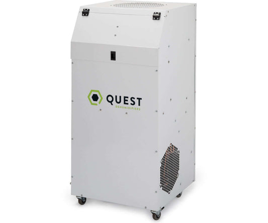 Quest Hi-E Dry 195 portable dehumidifier, efficient moisture removal for large areas, effective mold and mildew control.