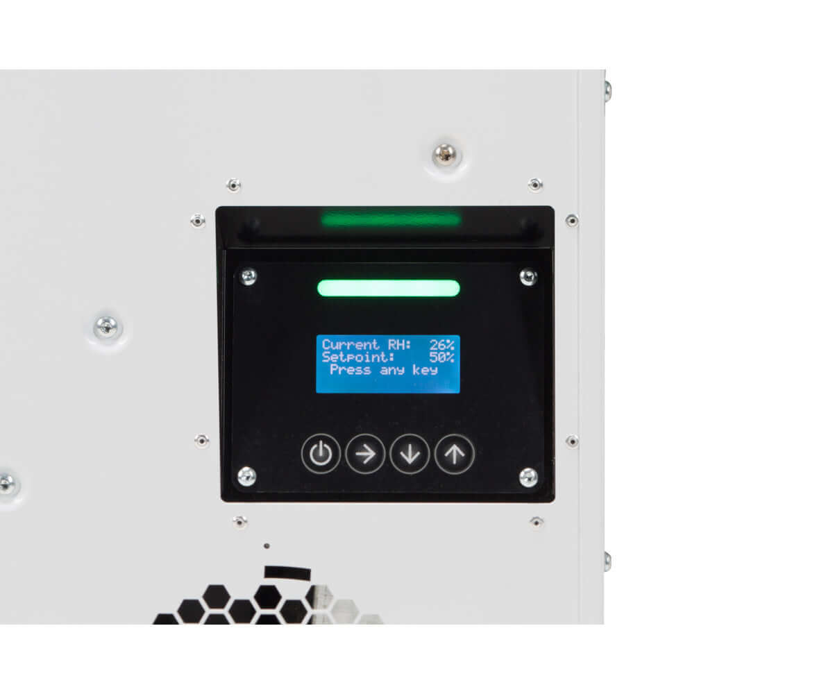 Control panel of Quest Hi-E Dry 195 dehumidifier displaying humidity settings and operation status.