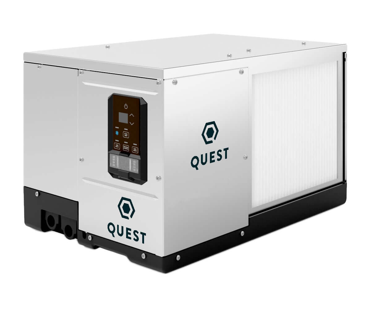 Quest 100 High-Efficiency Dehumidifier, compact design with control panel, ideal for small projects and spaces.