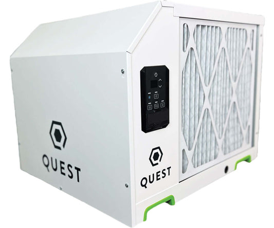 Quest New 225 High-Efficiency Dehumidifier with digital controls and M-CoRR Technology, compact design for effective moisture removal.