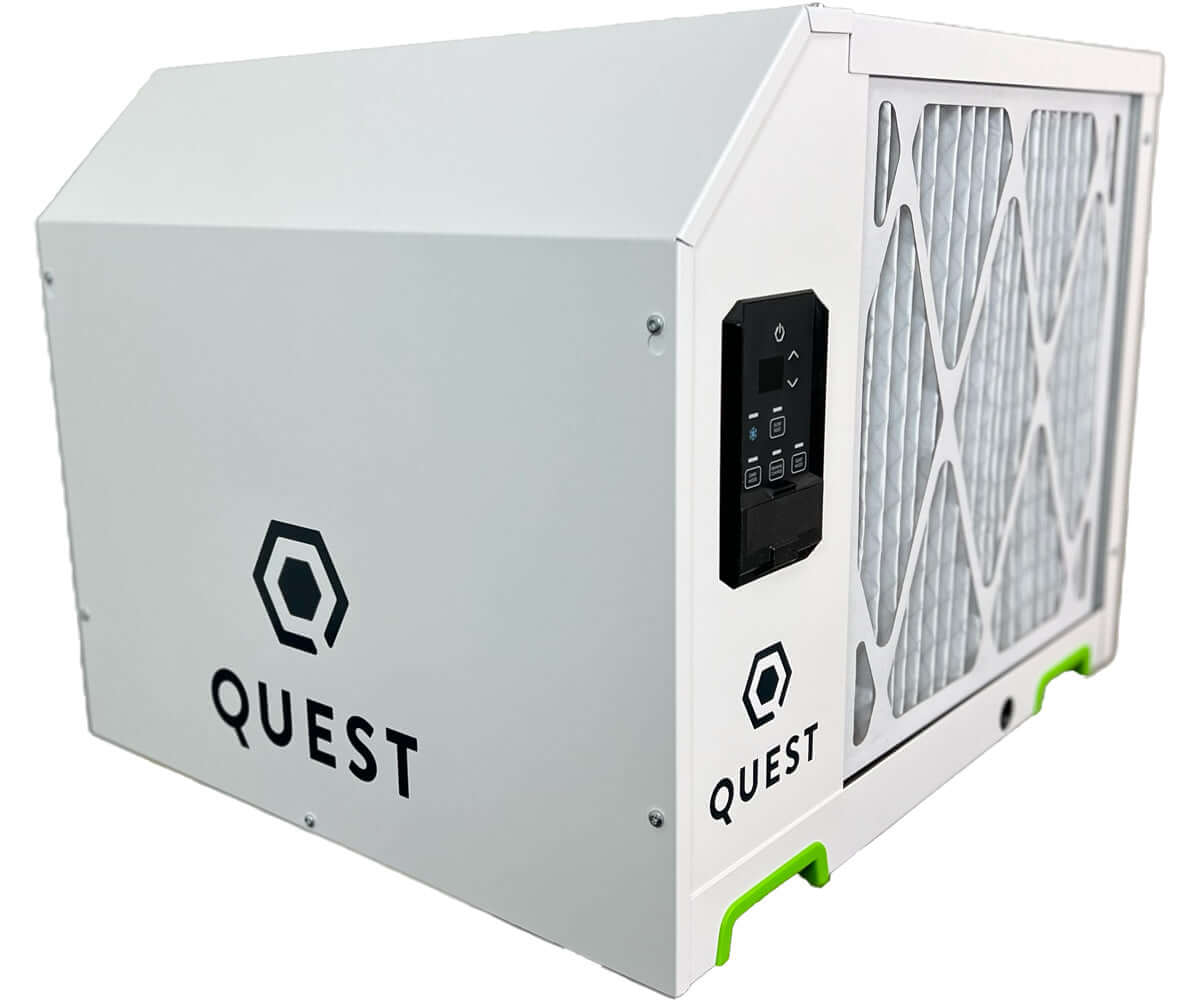 Quest New 225 High-Efficiency Dehumidifier with digital controls and compact design for optimal moisture control.