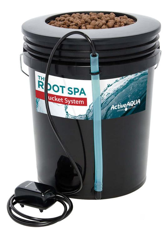 Active Aqua Root Spa 5-gallon bucket deep water culture system with air pump and hydroton growing medium.