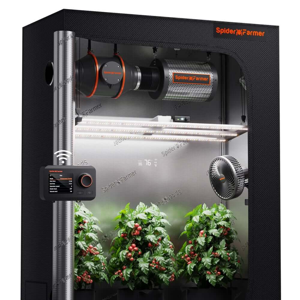 Spider Farmer SE4500 LED Grow Light with 4' Grow Tent and Clip Fan, ideal for indoor gardening.