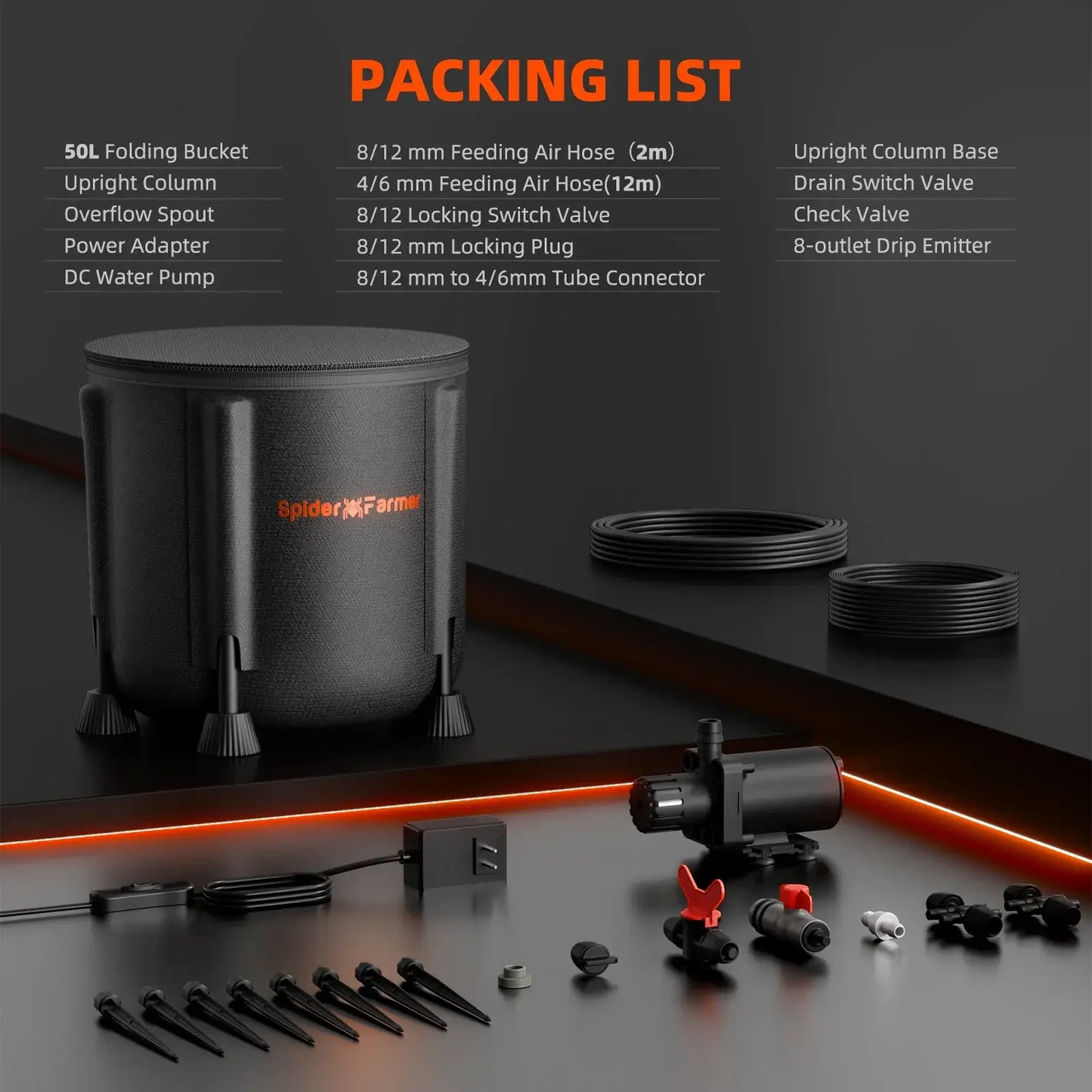 Packing list for Spider Farmer Automatic Drip Irrigation System, including components and accessories for efficient watering.
