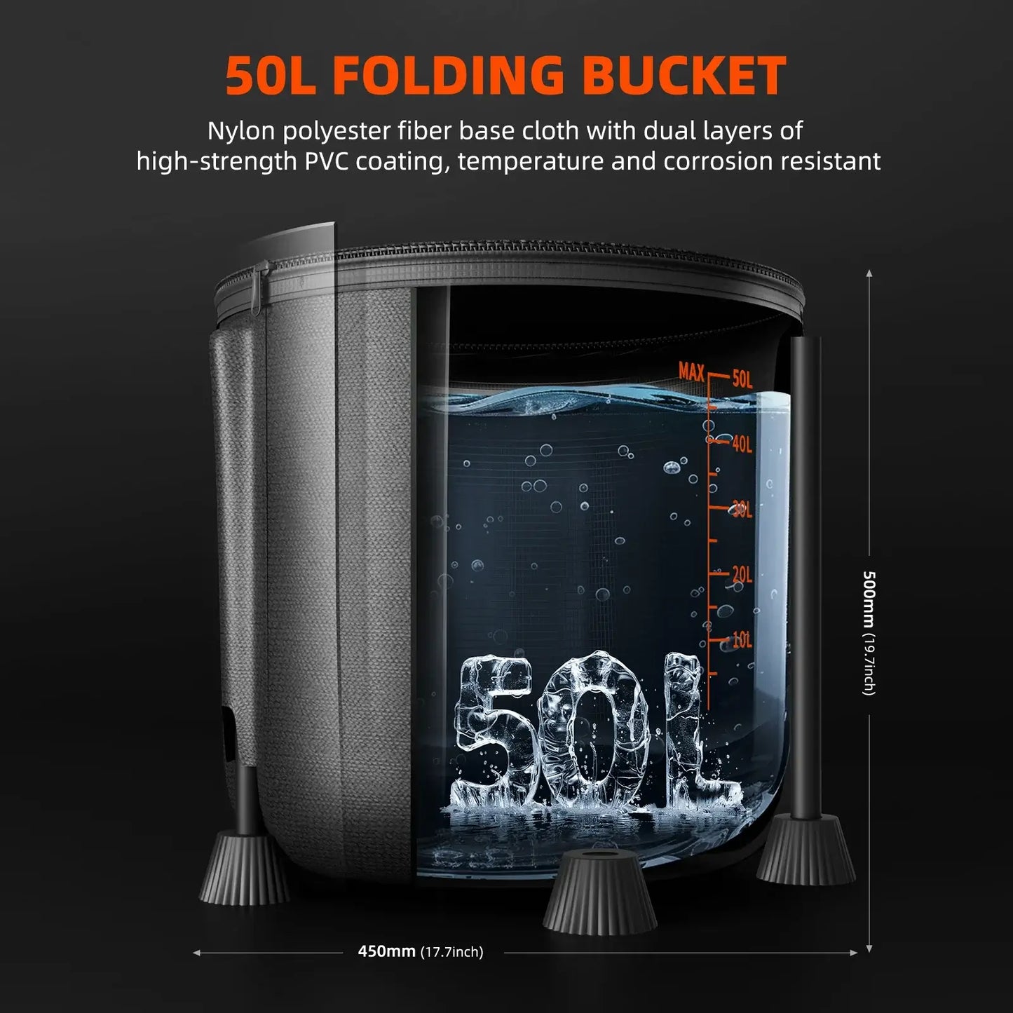 50L folding bucket made of durable nylon, showcasing water capacity and measurements, ideal for camping and outdoor use.