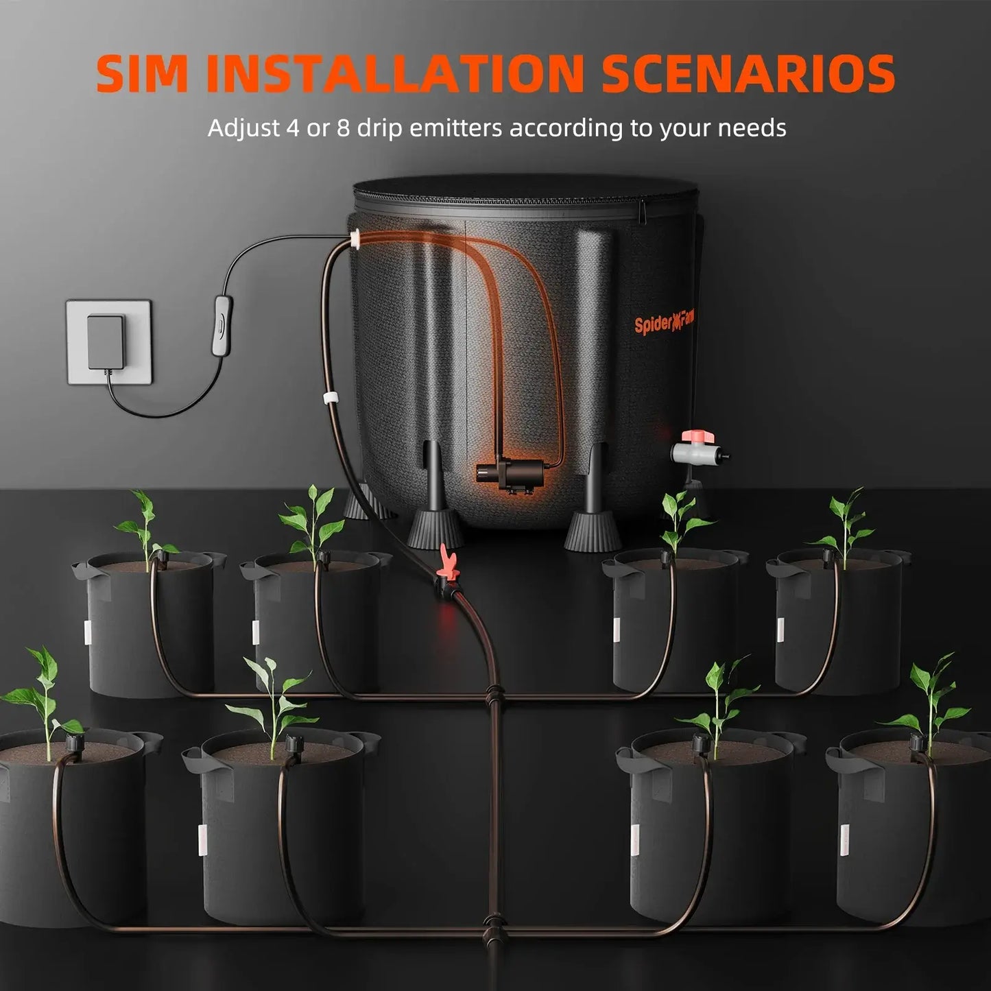 Spider Farmer Automatic Drip Irrigation System setup with water pump and adjustable drip emitters for optimal plant care.
