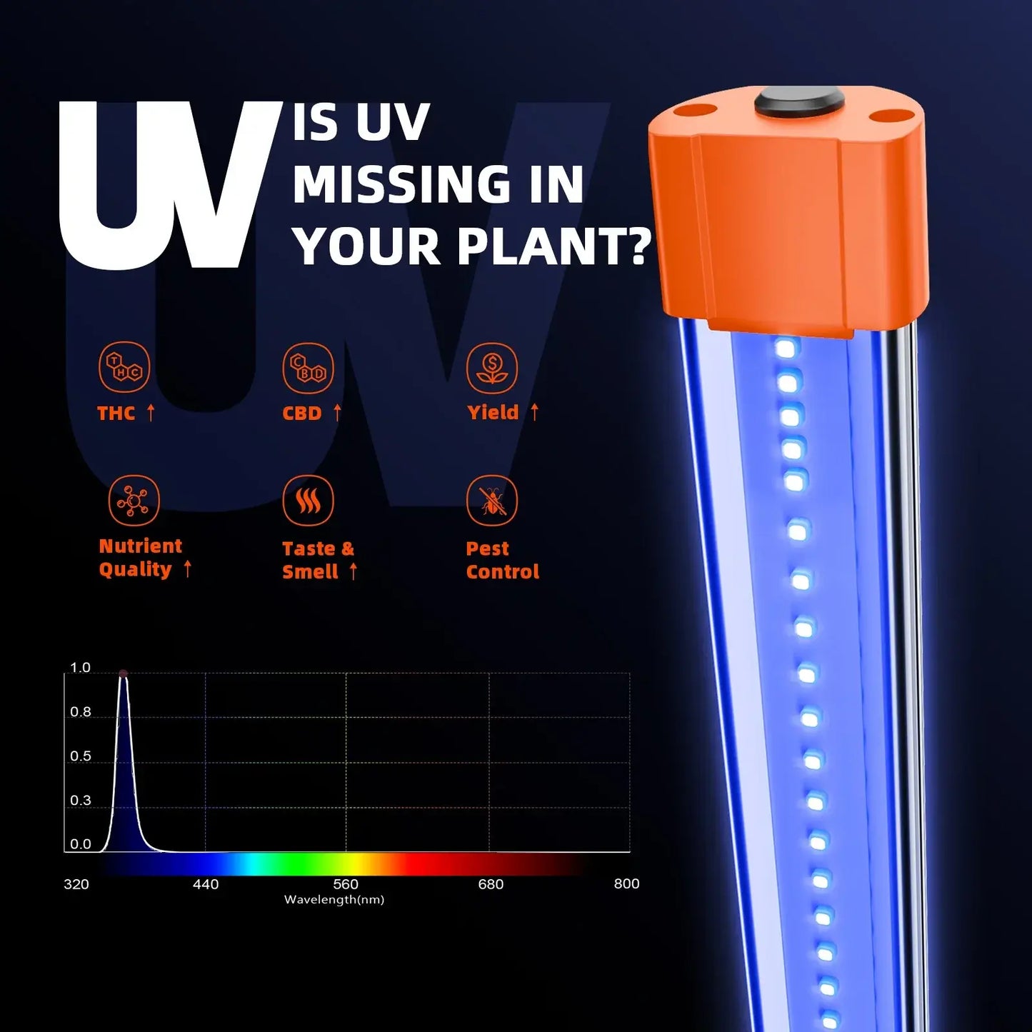 Spider Farmer UV60 LED grow light highlighting UV benefits for plants like increased yield and improved nutrient quality.