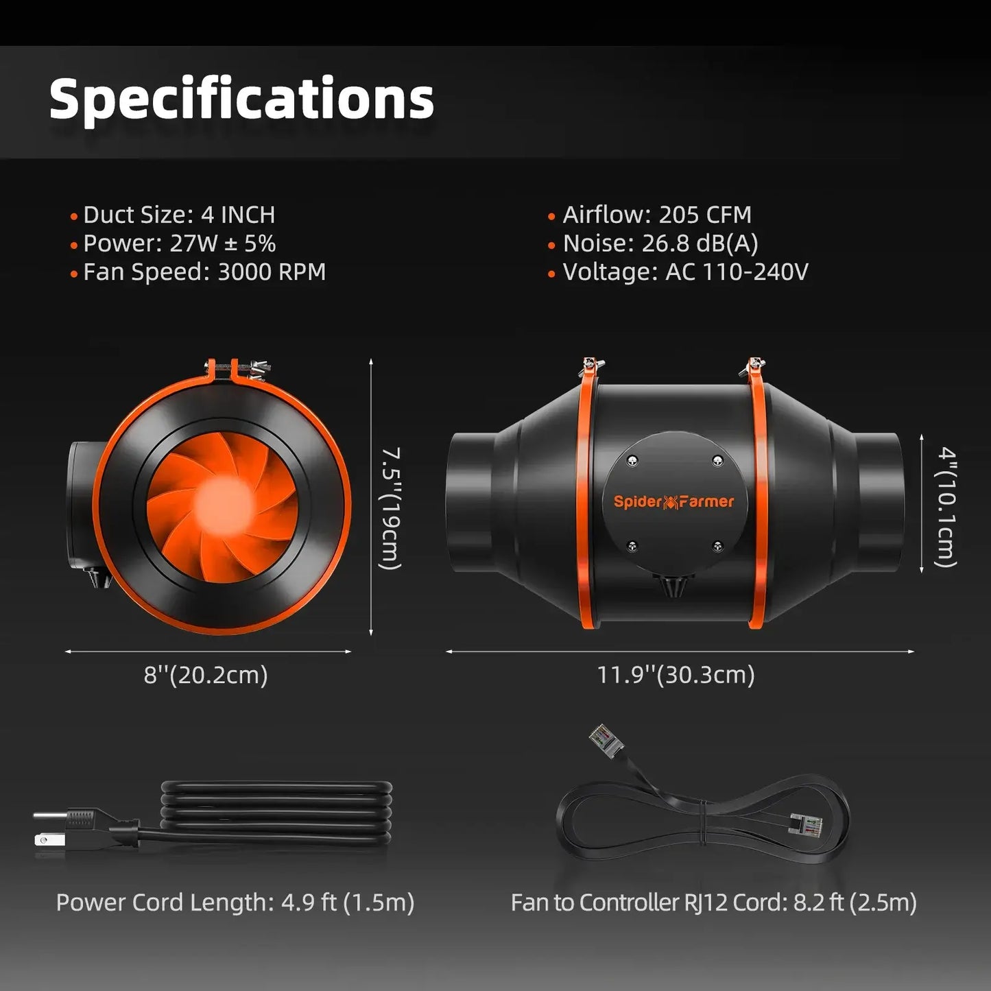 Specifications of Spider Farmer 4" Inline Fan with 205 CFM airflow, 3000 RPM, and 110-240V voltage.