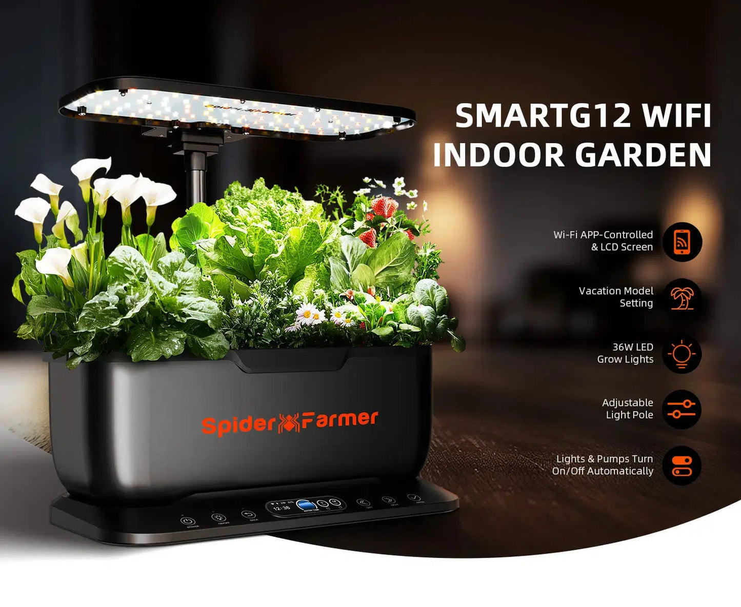 Spider Farmer SmartG12 indoor garden system with Wi-Fi control, adjustable lights, and energy-efficient LED grow lights.