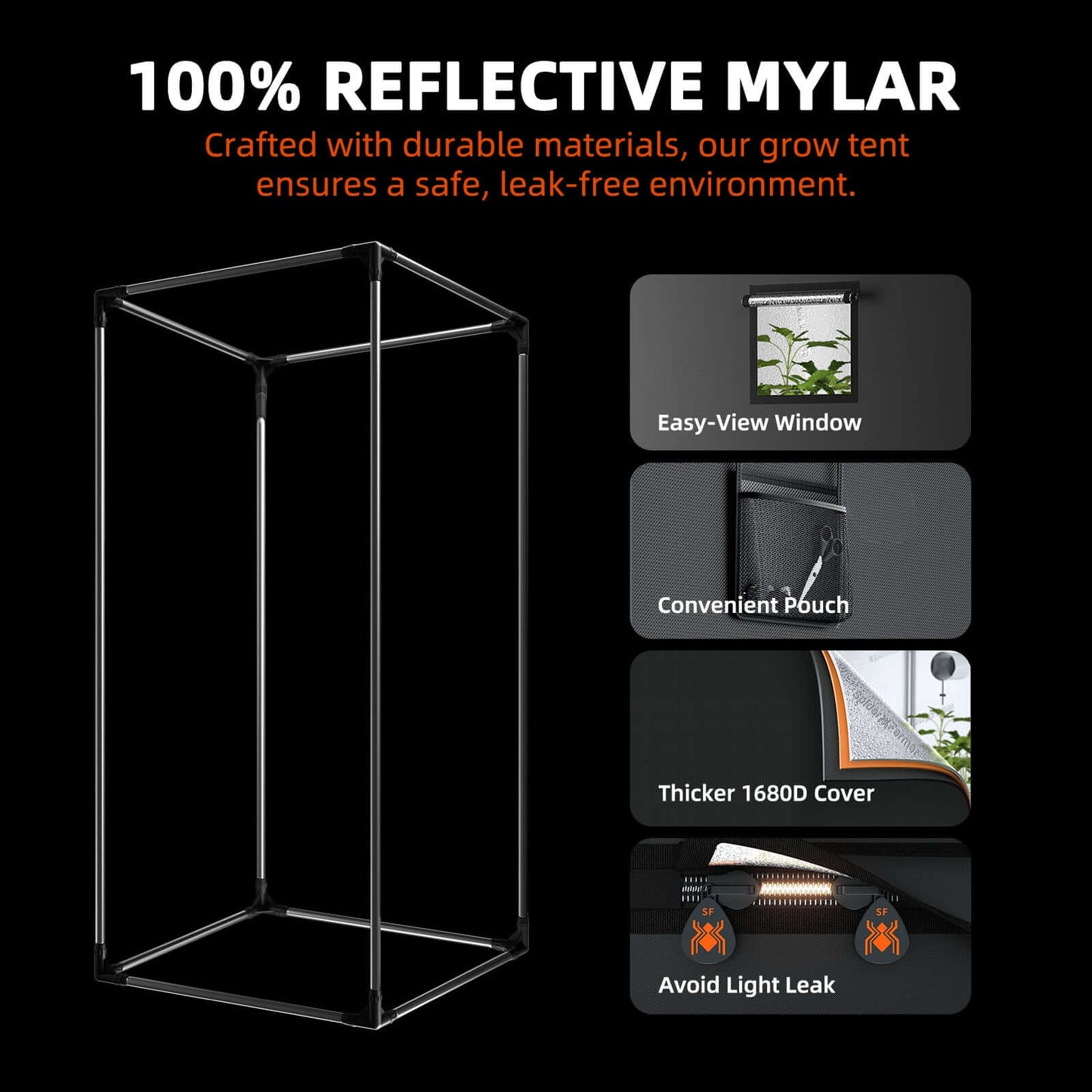 Spider Farmer grow tent featuring 100% reflective mylar, easy-view window, and thicker 1680D cover for optimal plant growth.