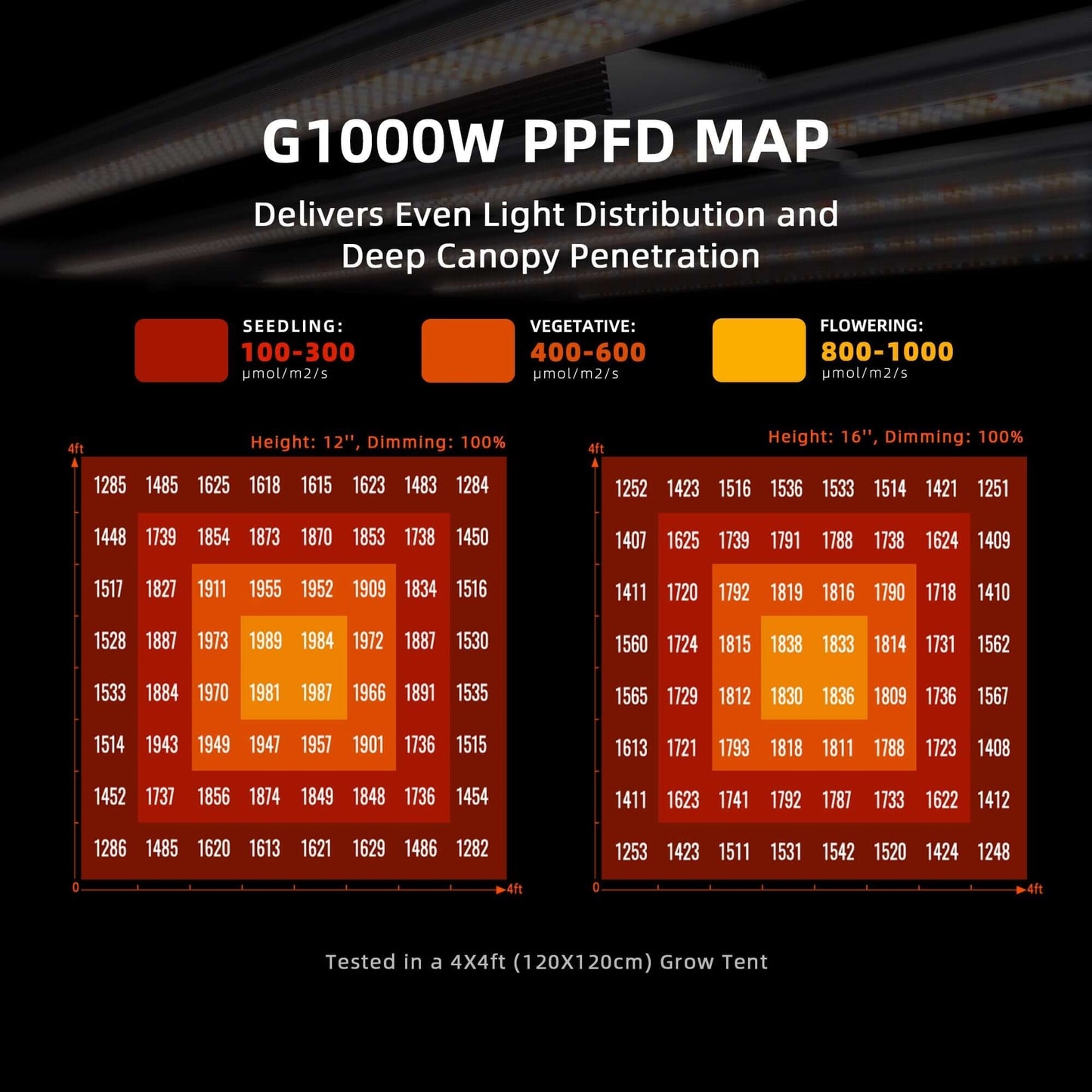G1000W PPFD map showing light distribution for seedling, vegetative, and flowering stages in a 4x4ft grow tent.