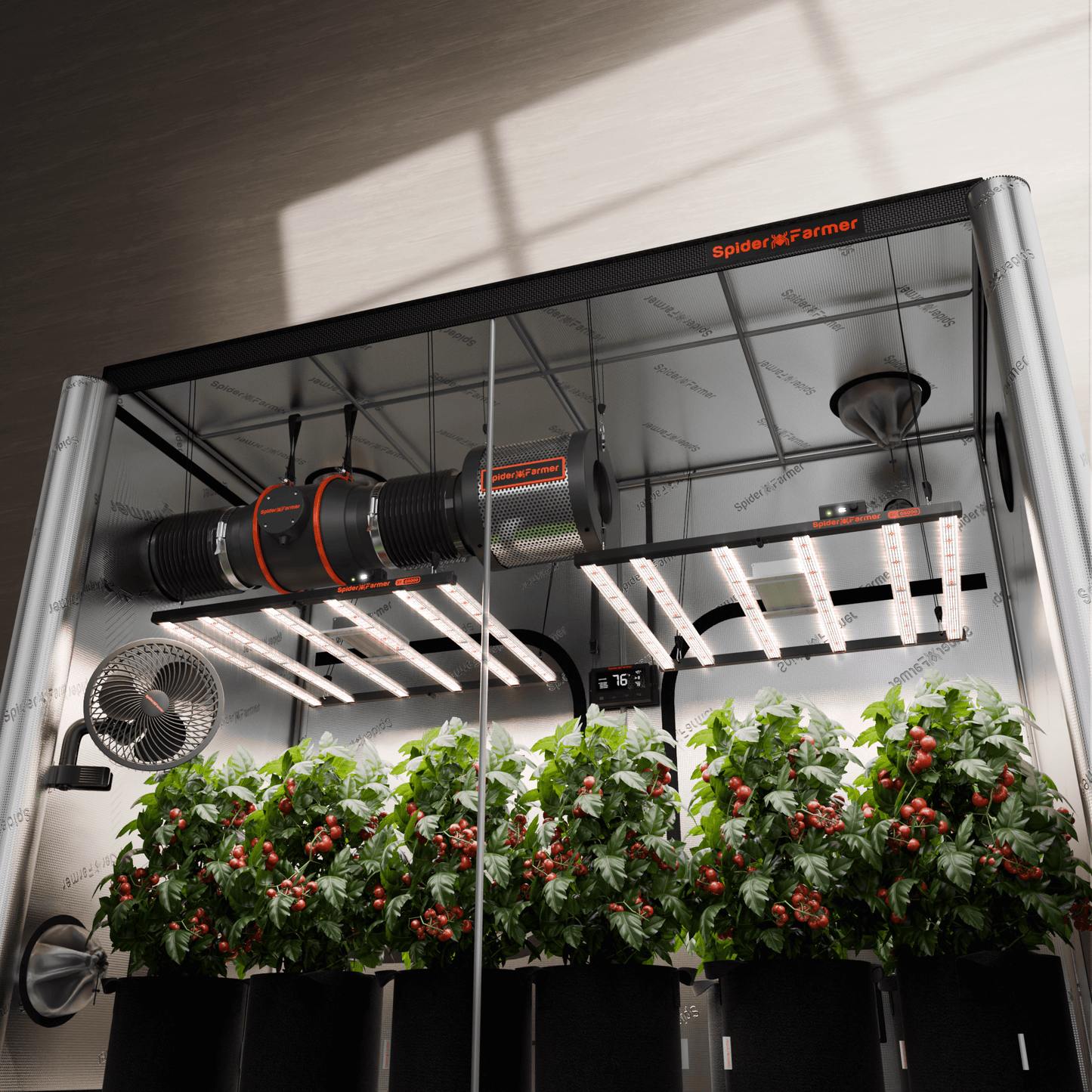 Spider Farmer G5000 LED grow lights in a 4'x8' grow tent with plants and fans for optimized growth.