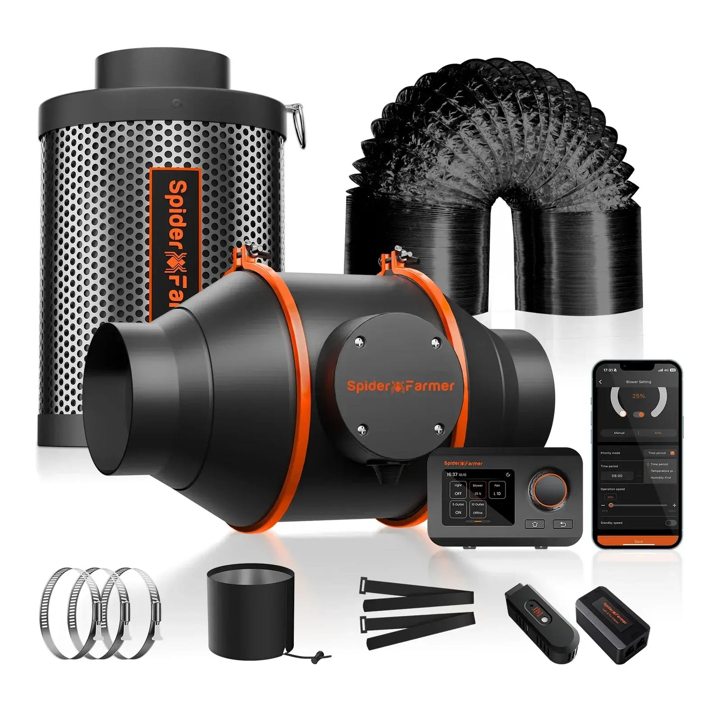 Spider Farmer inline fan kit with carbon filter, controller, ducting, and accessories for indoor gardening.