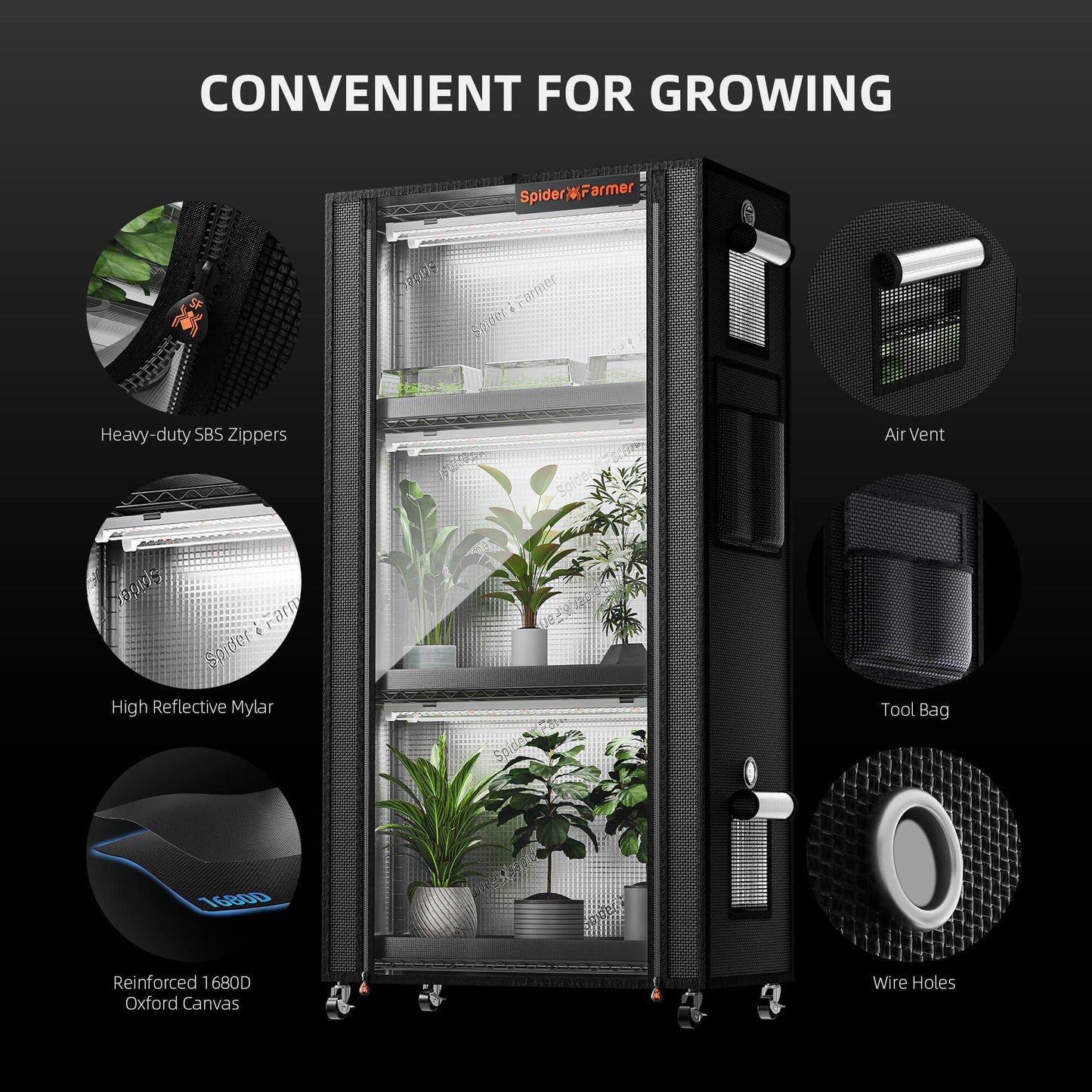 Spider Farmer indoor grow tent features heavy-duty zippers, air vent, reflective Mylar, tool bag, and reinforced Oxford canvas.