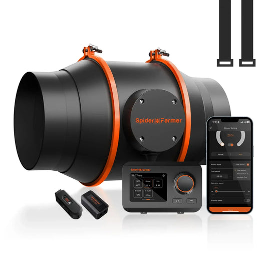 Spider Farmer 6" Inline Duct Fan with controller, smartphone app, and accessories for efficient temperature control