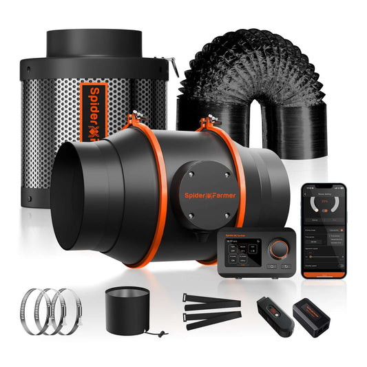 Spider Farmer Ventilation Kit with 6" inline duct fan, carbon filter, and humidity controller for efficient airflow.