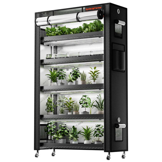 Spider Farmer 6-tier plant stand with LED grow lights and various indoor plants in a compact grow tent.