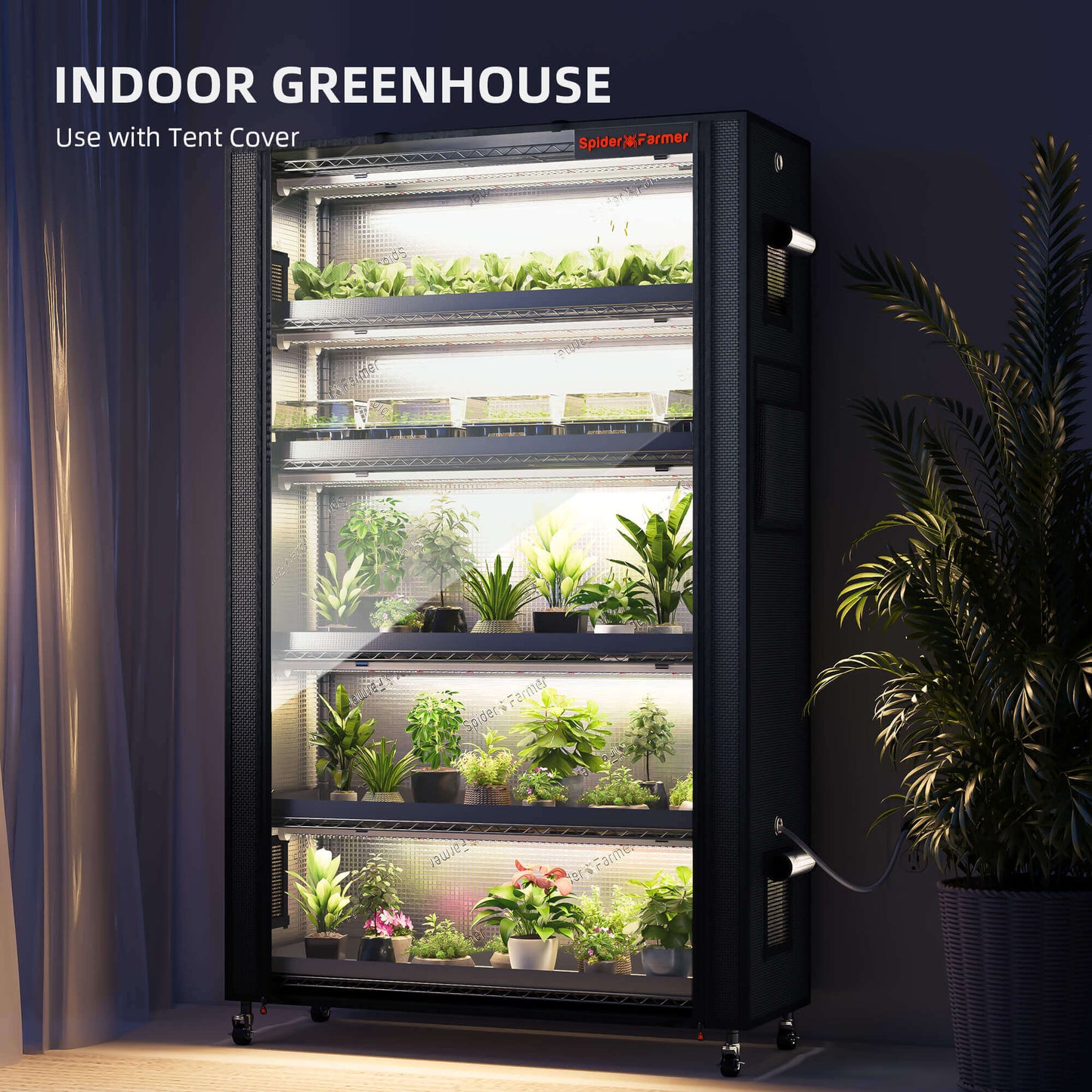 Spider Farmer indoor greenhouse with plants on six adjustable shelves and LED lights, perfect for small space gardening.