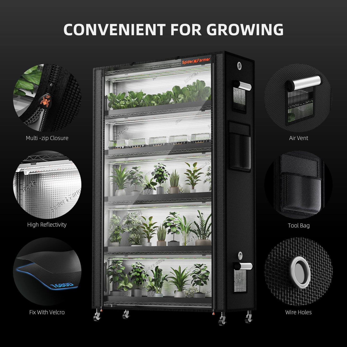 Spider Farmer 6-tier indoor plant stand with adjustable shelves and built-in grow lights, featuring convenient design elements.