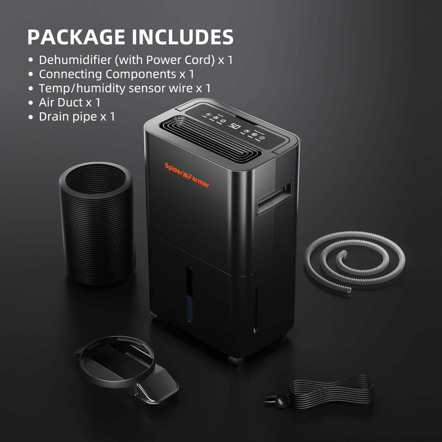 Spider Farmer 32 Pint Dehumidifier package contents including dehumidifier, hose, sensor wire, and air duct.