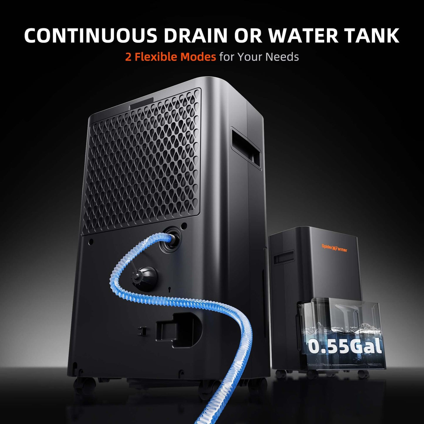 Spider Farmer 32 Pint Dehumidifier showcasing continuous drain or water tank modes for flexible use.
