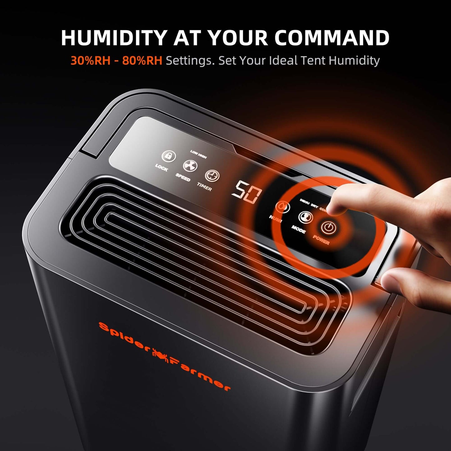 Spider Farmer 32 Pint Dehumidifier control panel showing humidity settings from 30% to 80% RH for optimal performance.