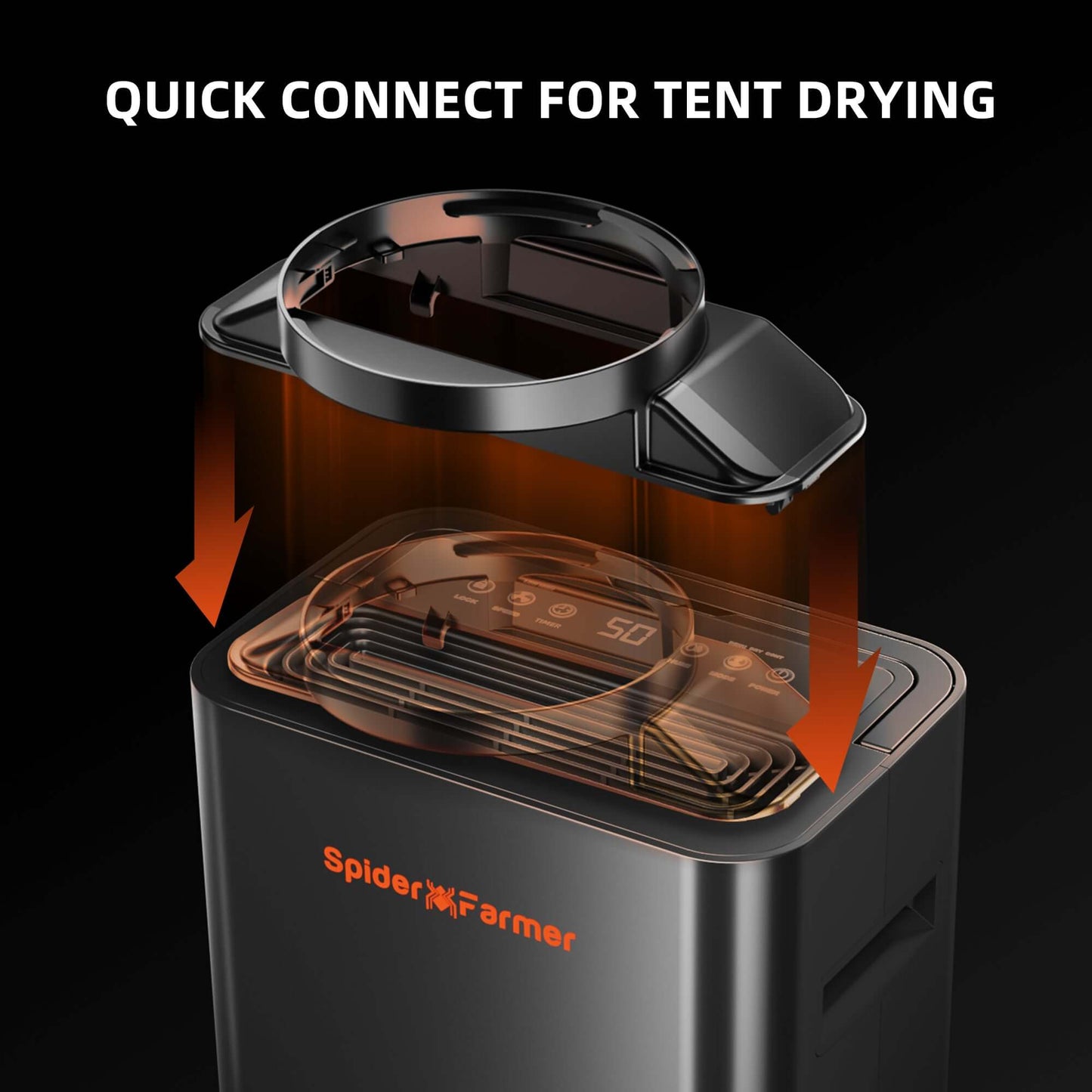 Spider Farmer dehumidifier featuring quick connect for effective tent drying, showcasing top design and functionality.
