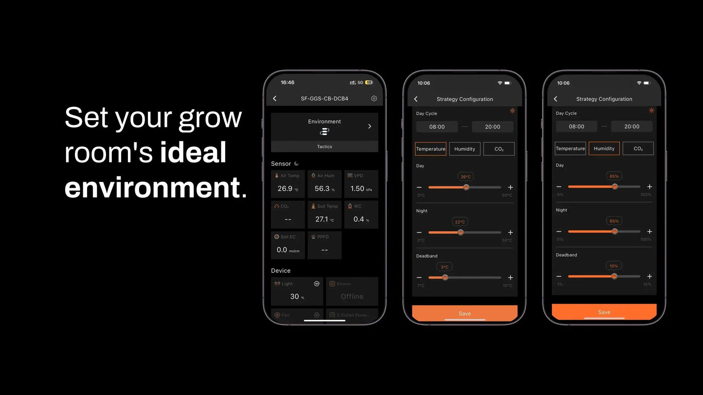 Screenshots of Spider Farmer GGS Smart Grow Light Controller showing environmental settings for optimal growth conditions.