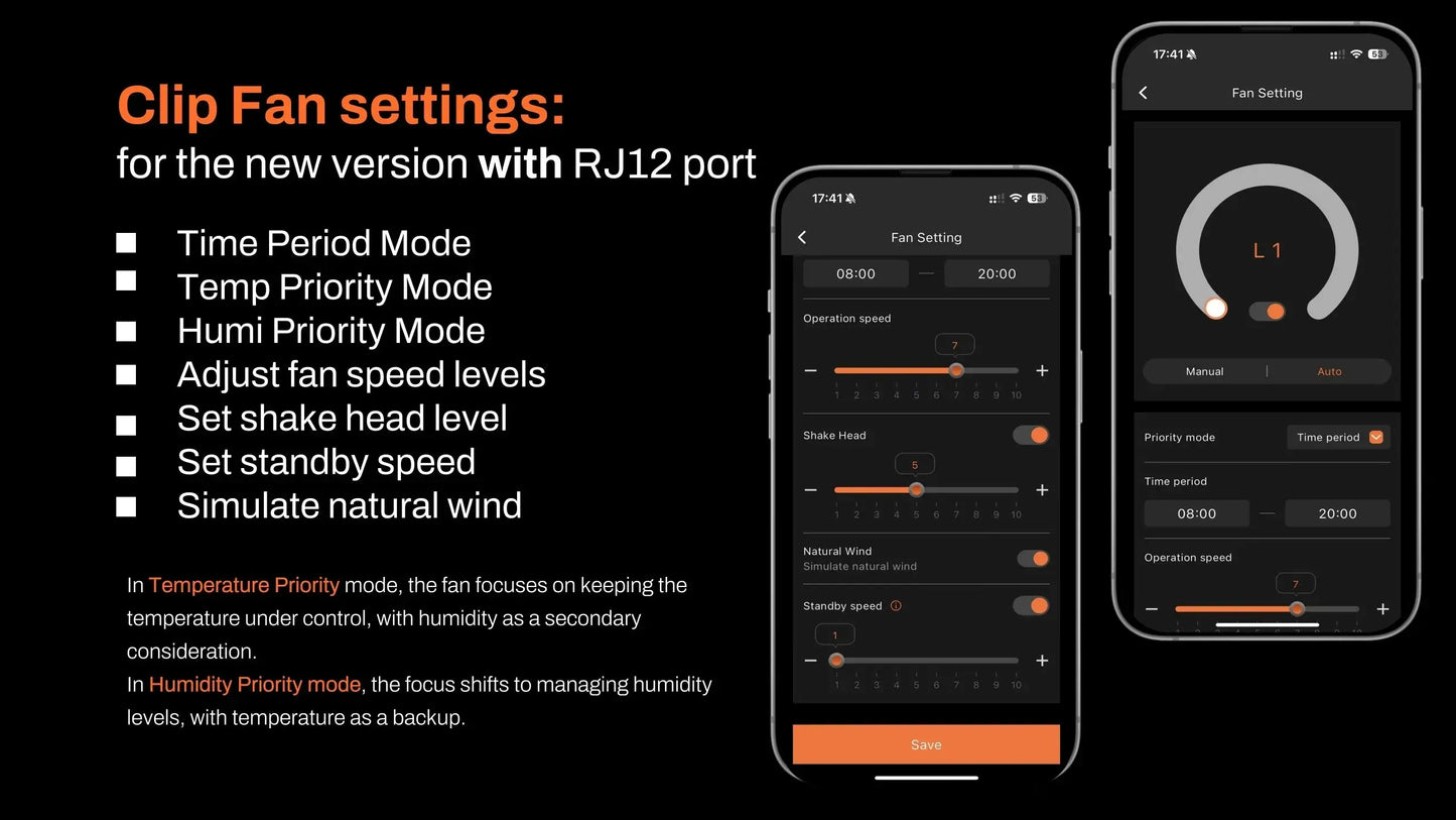 Clip fan settings interface for new RJ12 version with temperature, humidity, and operation modes on smartphone screen.