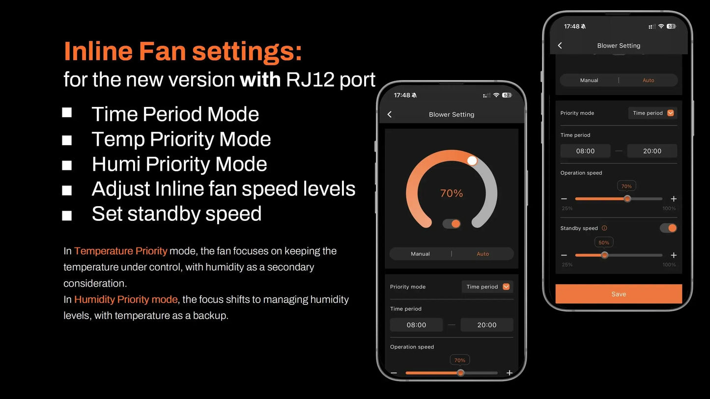 Inline fan settings display for Spider Farmer controller featuring temperature and humidity priority modes.