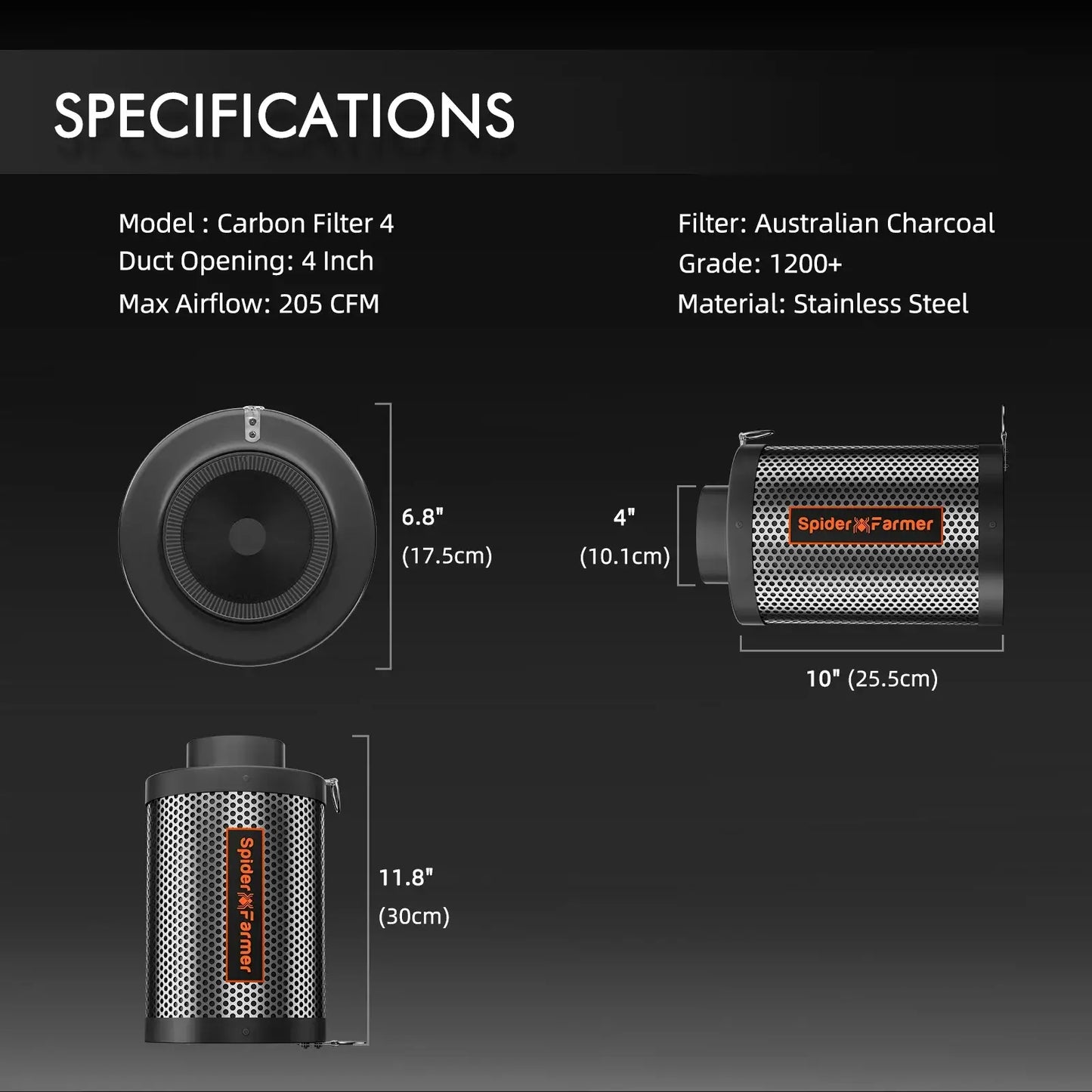 Spider Farmer Carbon Filter 4 specifications image with dimensions, duct opening, and airflow details.