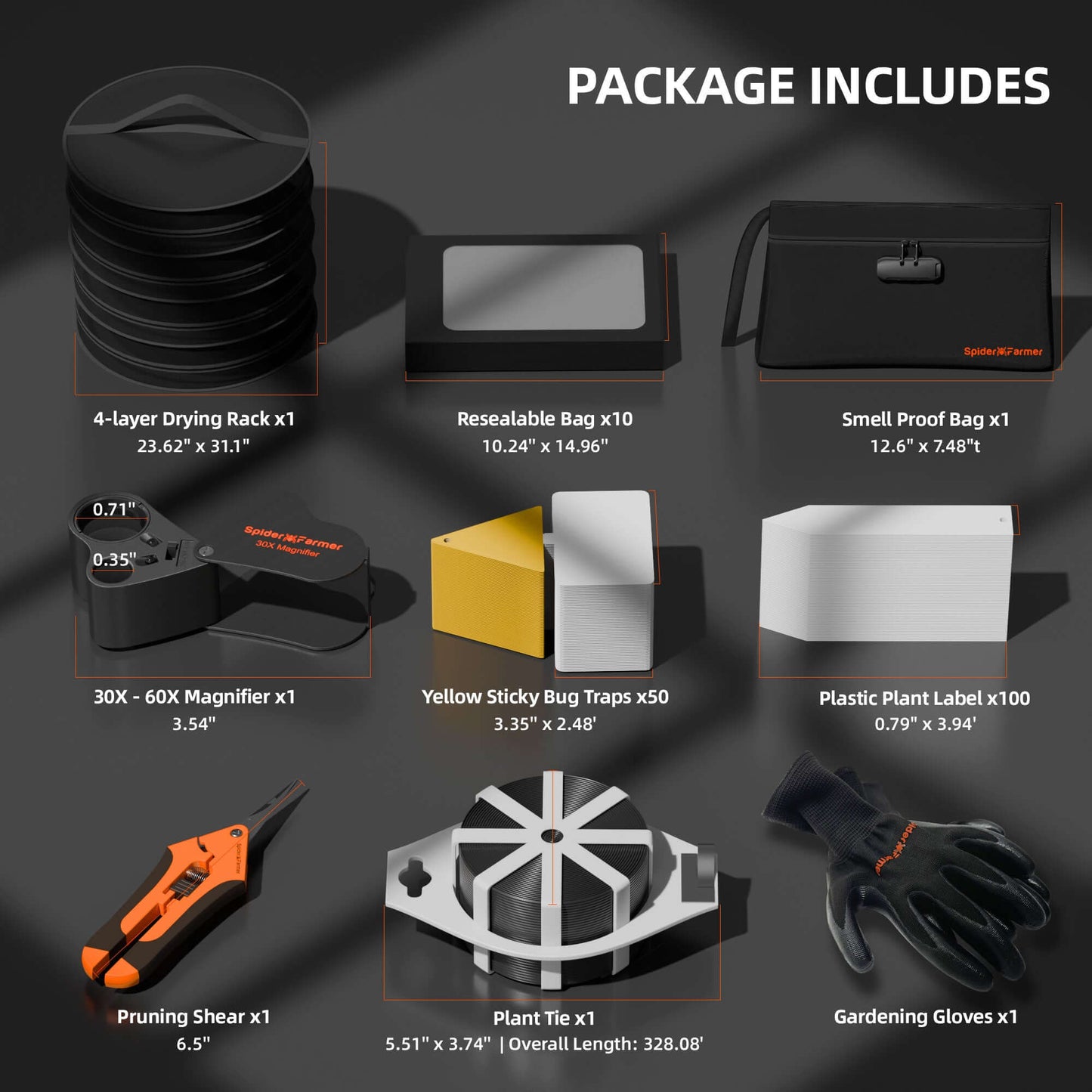 Spider Farmer 9-in-1 Plant Grow Tools Kit package contents including drying rack, magnifier, gloves, and more.