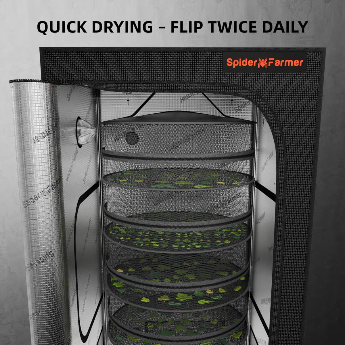 Spider Farmer drying rack for quick drying herbs, featuring multiple layers and easy access for efficient use.