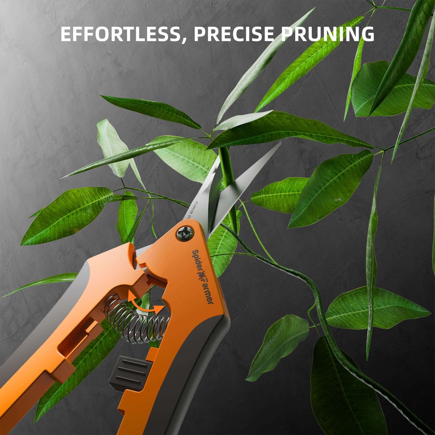 Spider Farmer pruning shear cutting lush green leaves for effortless and precise gardening.
