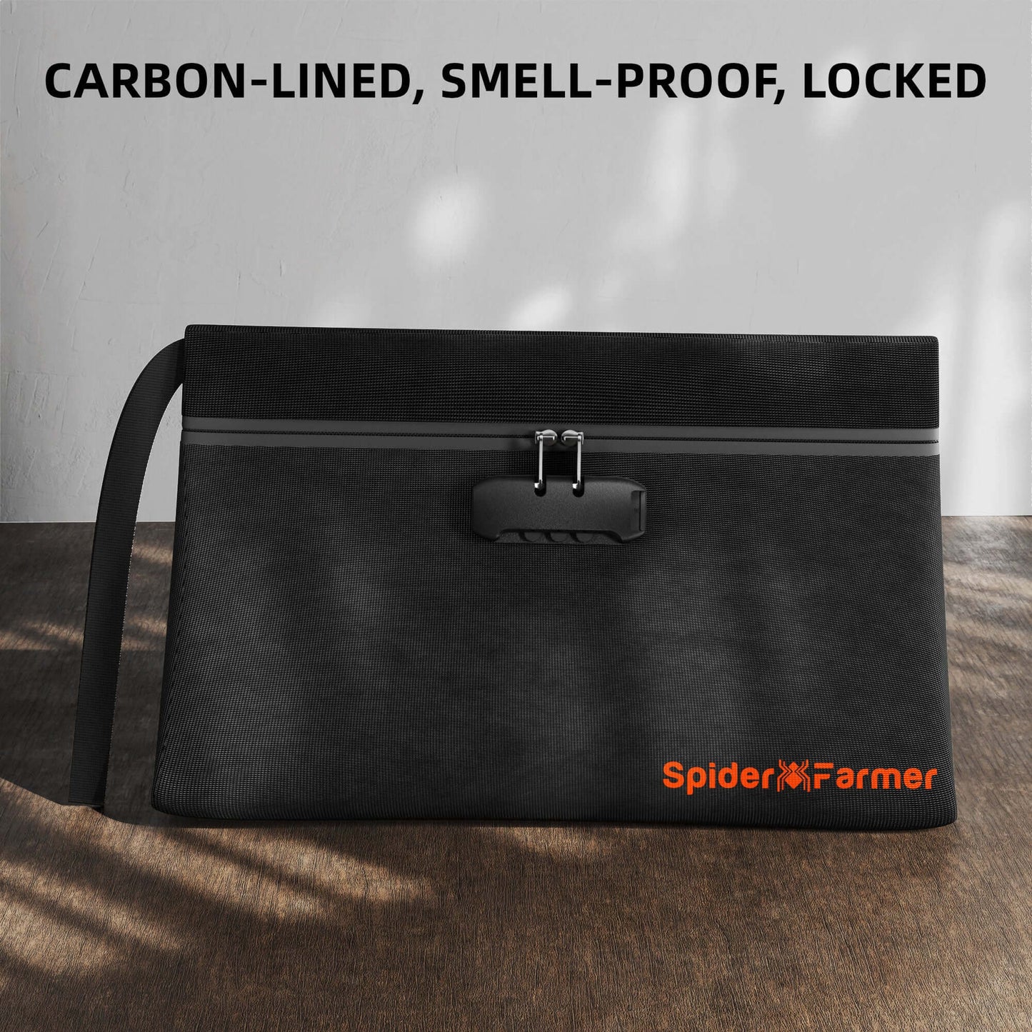 Spider Farmer carbon-lined, smell-proof bag with lock for secure storage, ideal for plant growers.