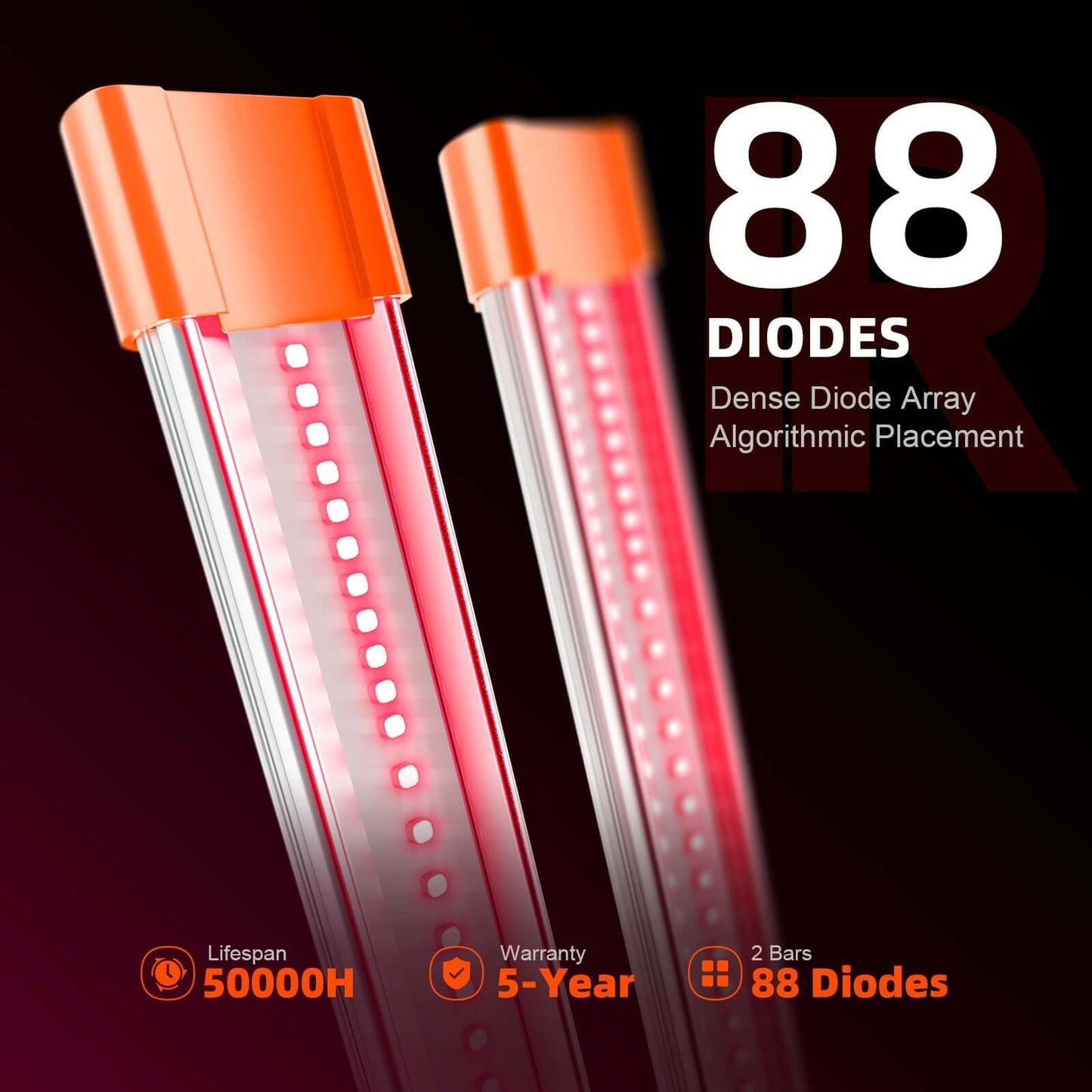 Spider Farmer UV30 & IR16 LED grow light bars featuring 88 diodes with a lifespan of 50,000 hours and a 5-year warranty.
