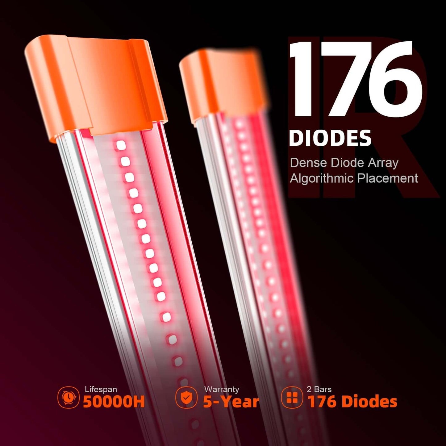 Spider Farmer LED grow light bar set features 176 diodes with a lifespan of 50000 hours and a 5-year warranty.