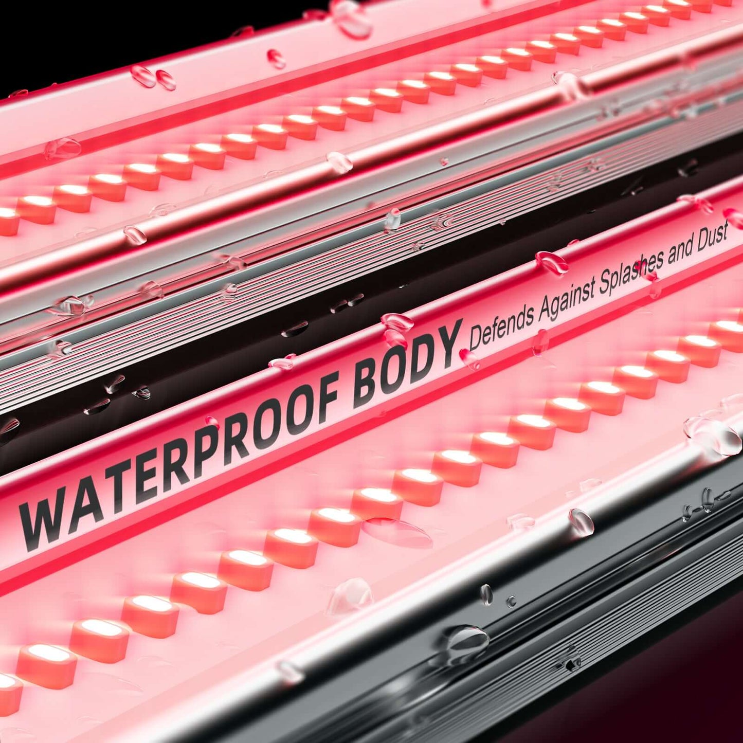 Close-up of Spider Farmer UV60 grow light showing waterproof body label defending against splashes and dust.