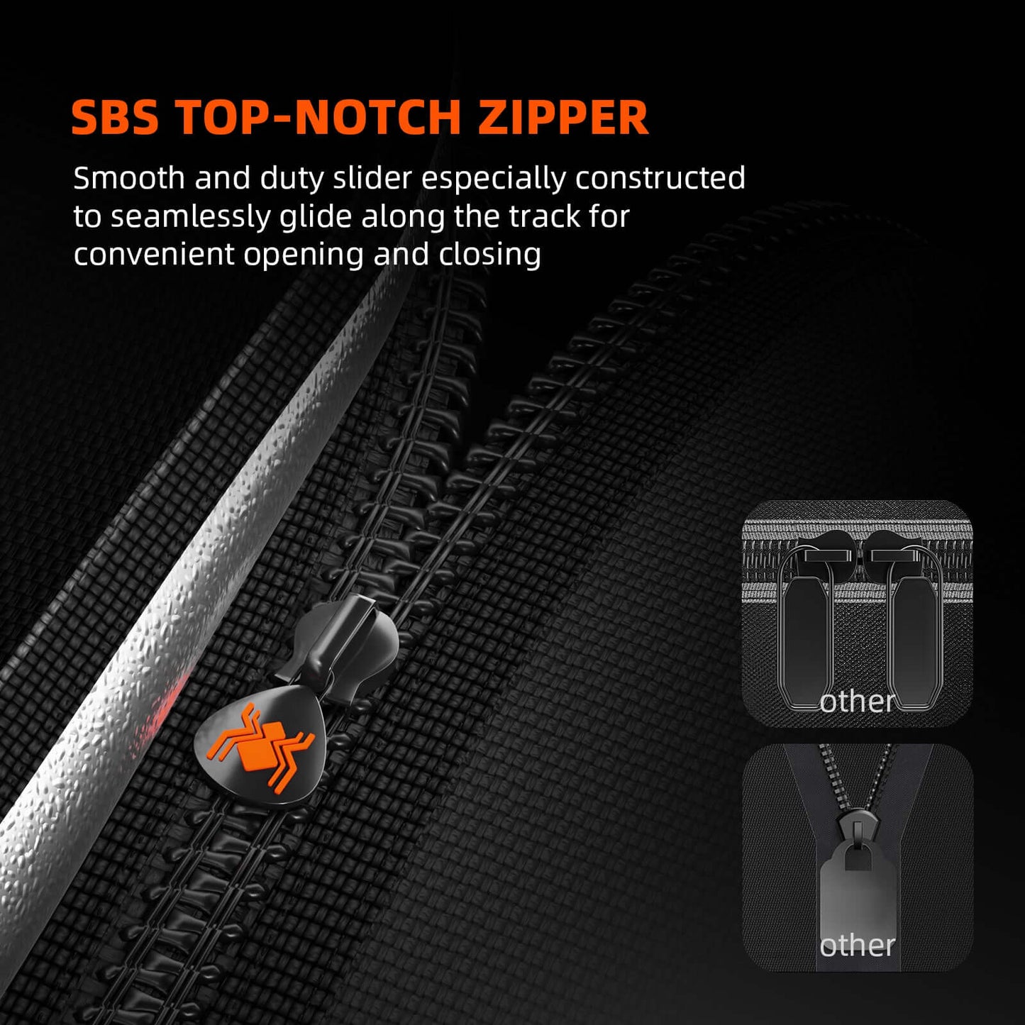 Close-up of SBS top-notch zipper, highlighting smooth sliding mechanism for easy opening and closing.
