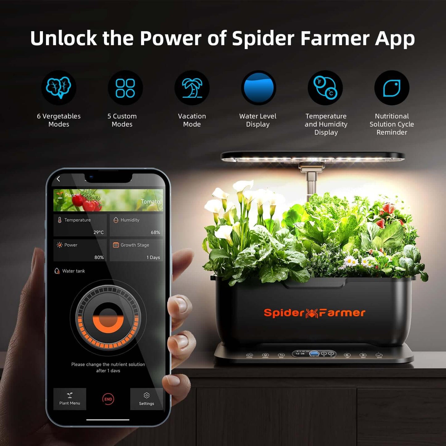 Spider Farmer hydroponics app features; controls water, light, and nutrient settings for optimal plant growth.