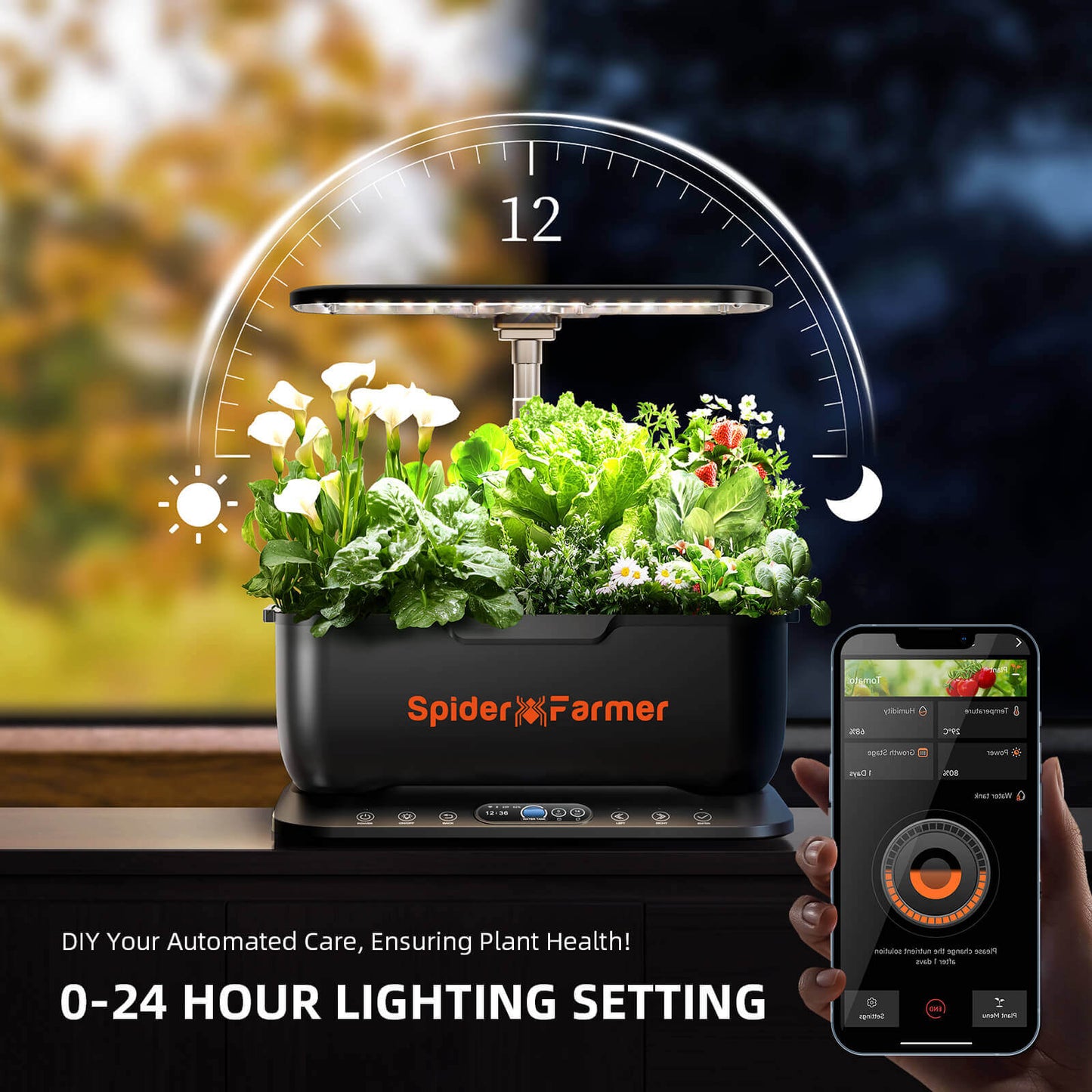 Spider Farmer Hydroponics Growing System with 0-24 hour lighting setting for optimal plant health.