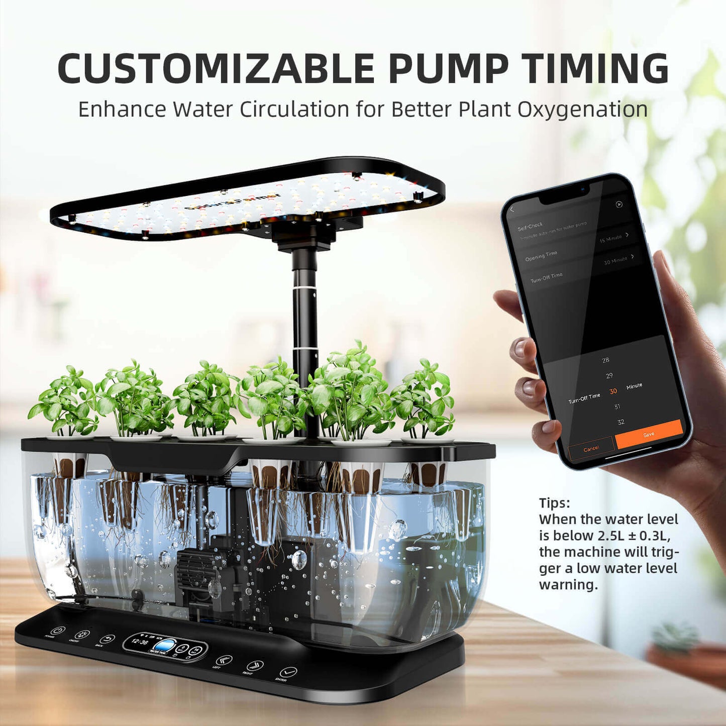 Spider Farmer hydroponic system with customizable pump timing for enhanced water circulation and better plant growth.