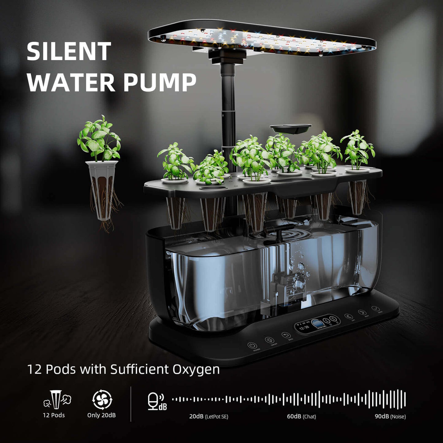Spider Farmer Hydroponics system with 12 pods, silent water pump, and LED grow lights for efficient plant growth.