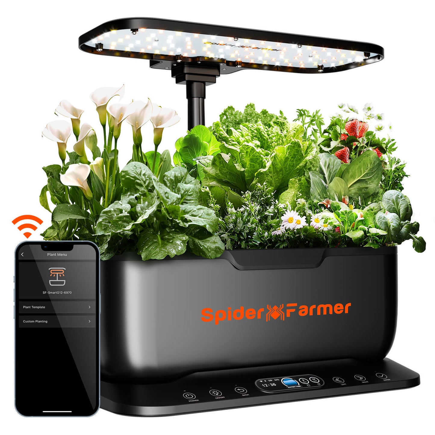 Spider Farmer hydroponics system with plants growing and smartphone control, showcasing energy-efficient design.