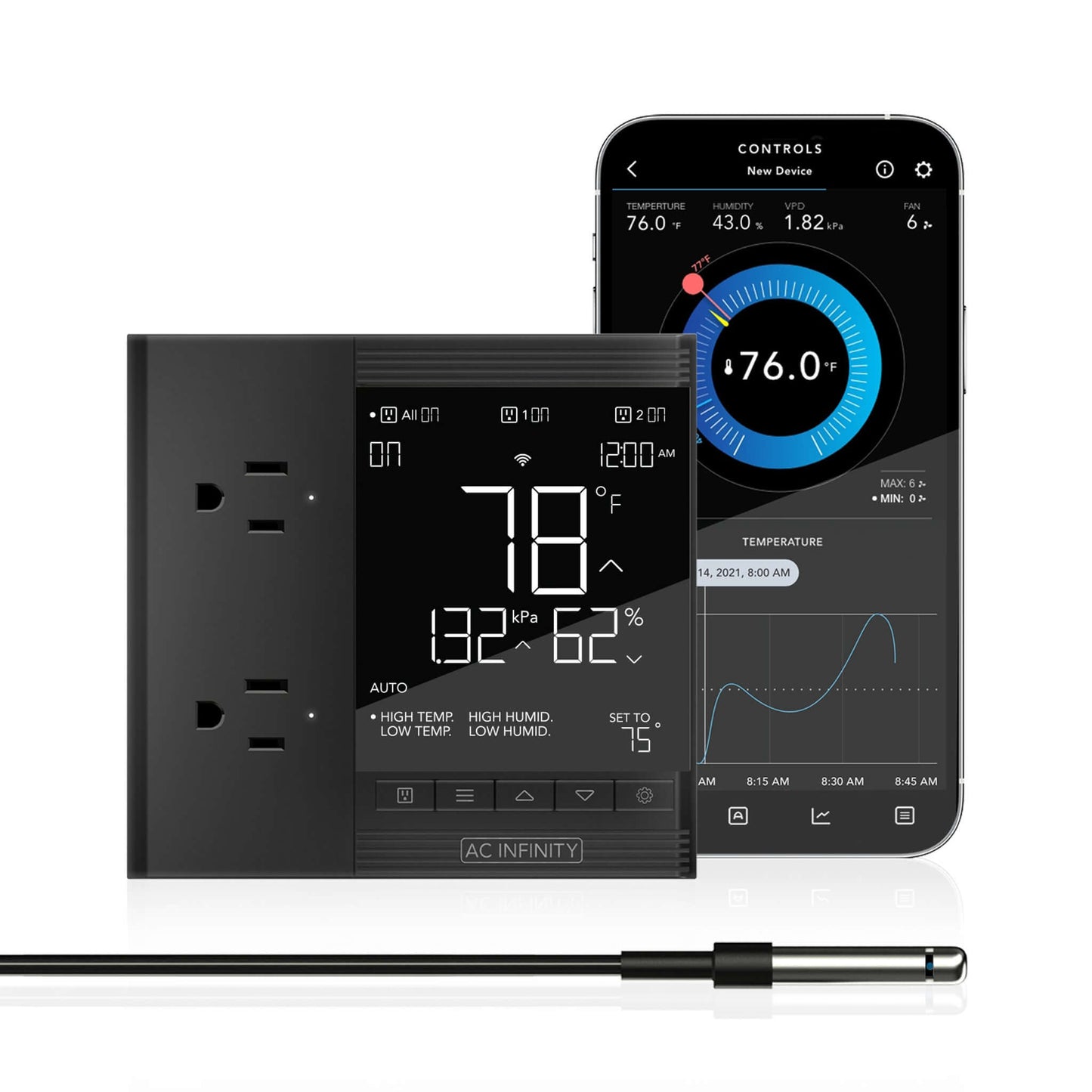 AC Infinity CONTROLLER 75 PRO, Independent Programs for Two Devices, Dynamic VPD, Temperature, Humidity, Scheduling, Data App, Bluetooth + WiFi, Desktop
