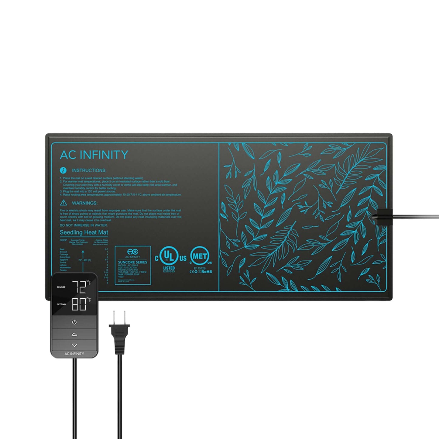 AC Infinity SUNCORE H3, Seedling Heat Mat with Heat Controller, IP-67 Waterproof, 10" x 20.75"